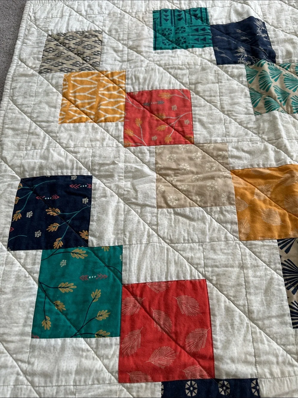Handmade Geometric Patchwork Quilt in Cream with Multicolor Squares